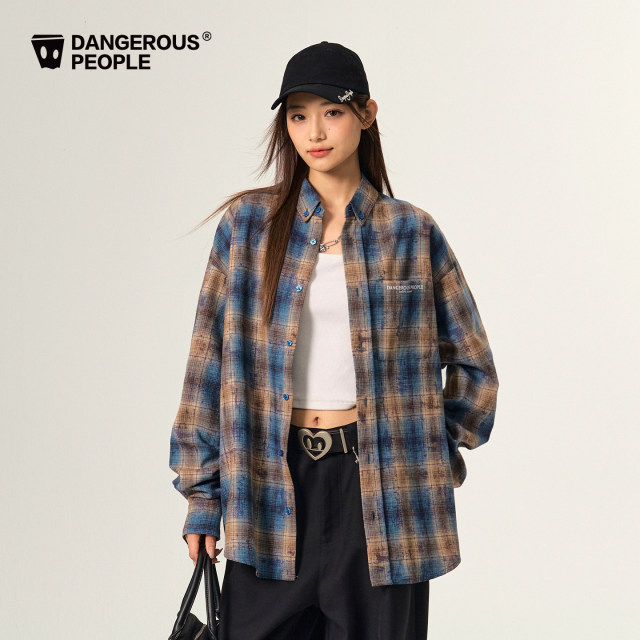 Dangerouspeople Joker Xue dsp artistic distressed plaid shirt autumn retro versatile trendy long sleeves