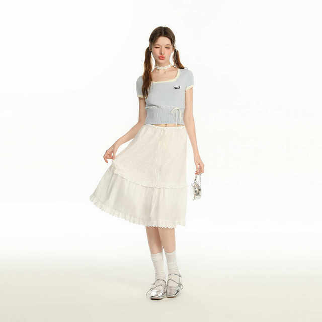 CyNi gentle style versatile white spliced ​​cake skirt long skirt skirt women's design sense French high waist slim o