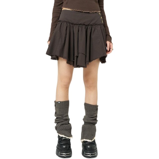 Minga new product A -line retro Y2K brown low waist double -layer buttons decorative side zipper asymmetric skirt
