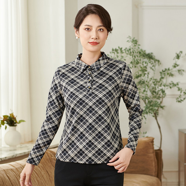 Xiangmulan 2025 middle-aged and elderly mother's clothing autumn tops middle-aged women's long-sleeved shirts large size plaid bottoming shirt