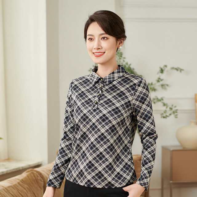 Xiangmulan 2025 middle-aged and elderly mother's clothing autumn tops middle-aged women's long-sleeved shirts large size plaid bottoming shirt