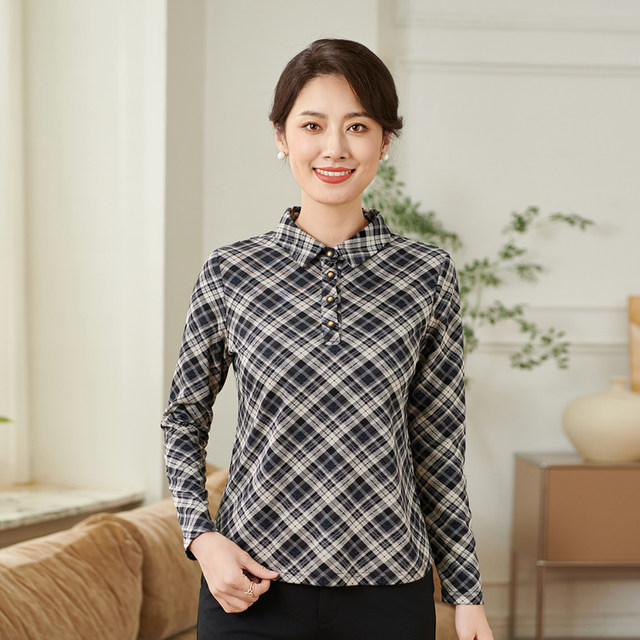 Xiangmulan 2025 middle-aged and elderly mother's clothing autumn tops middle-aged women's long-sleeved shirts large size plaid bottoming shirt