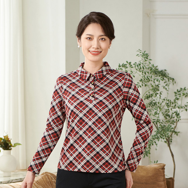 Xiangmulan 2025 spring and autumn new mesh long-sleeved printed shirt, versatile middle-aged temperament POLO collar shirt for women