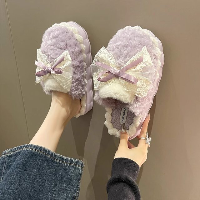 Bow cotton slippers for women in winter, warm and non-slip indoor home 2025 new fur slippers for winter