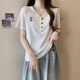 Black V -neck short -sleeved T -shirt Ms. 2023 Summer design sense embroidery, loose large size, shoulder top