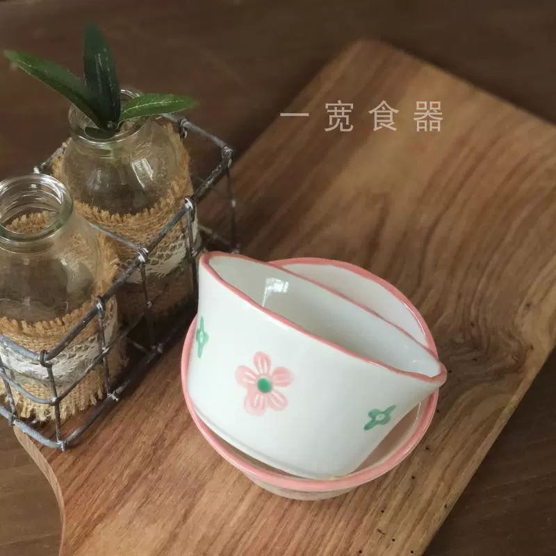 一宽食器 工厂直销 日式手绘釉下彩粉花小碗酱