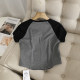 Iranian style! Contrasted color splicing trolley sleeves round neck embroidered short sleeves small slim casual gray T-shirt top for women