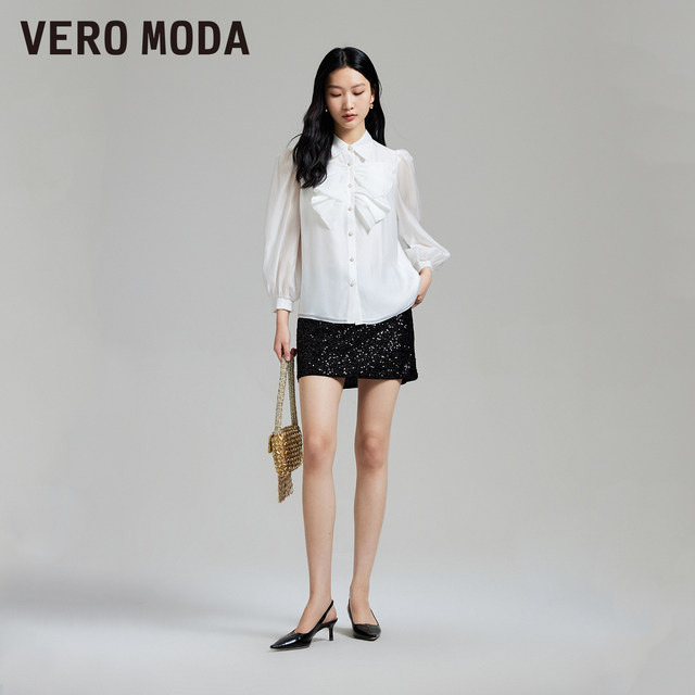 Vero Moda Outlet shirt for women in spring and summer new H-style bow slightly transparent seven-point puff sleeve sweet top