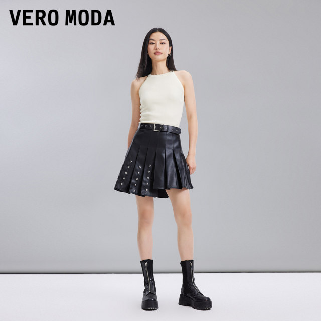 Vero Moda Outlet Skirt New Fashionable High Street PU pleated A-line high-waisted temperament short skirt is popular