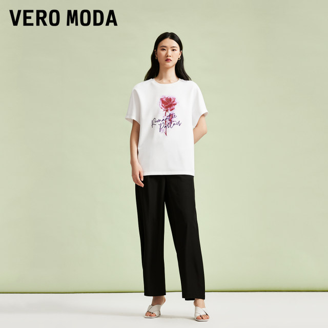 Vero Moda Outlet T-shirt for women in summer new loose casual round neck rose printed temperament short-sleeved top