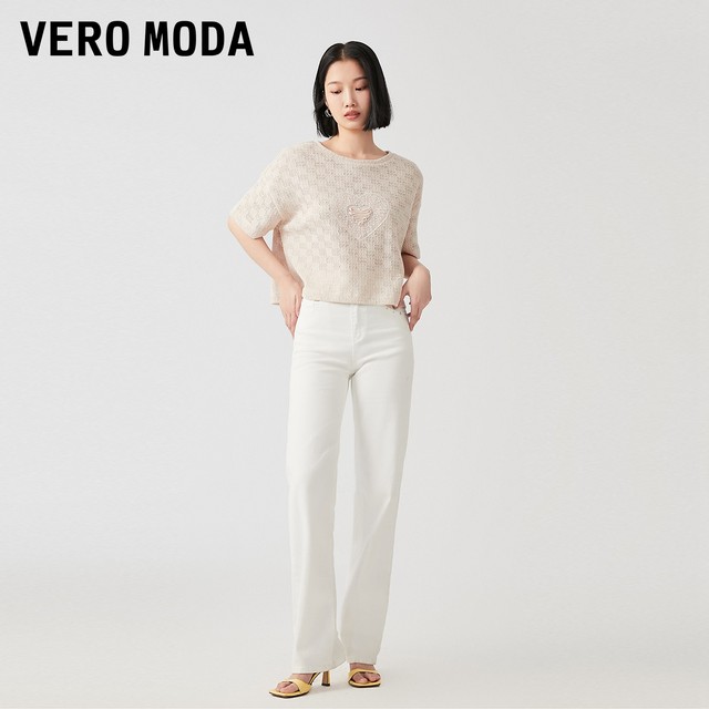 Vero Moda Outlet T-shirt for women's summer new cute heart pattern light pink knitted short-sleeved loose top
