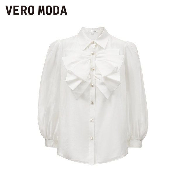 Vero Moda Outlet shirt for women in spring and summer new H-style bow slightly transparent seven-point puff sleeve sweet top