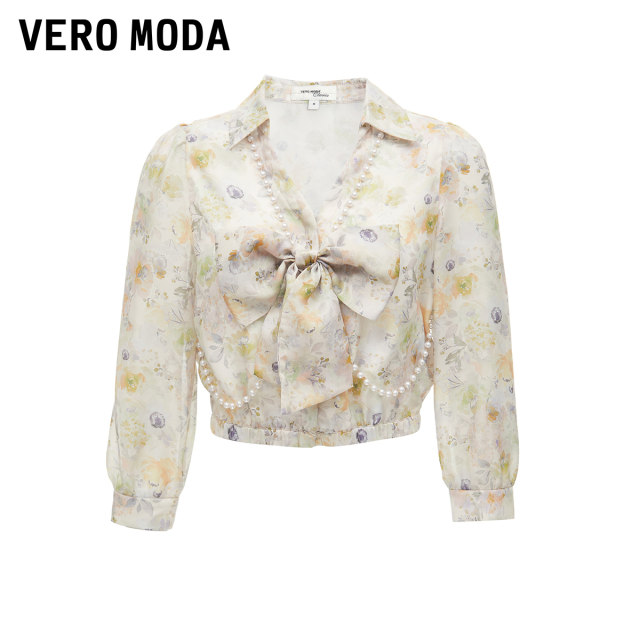 Vero Moda Outlet top for women spring and autumn new sweet age-reducing bow printed quarter-sleeved short shirt