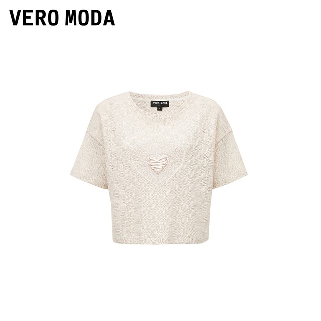 Vero Moda Outlet T-shirt for women's summer new cute heart pattern light pink knitted short-sleeved loose top