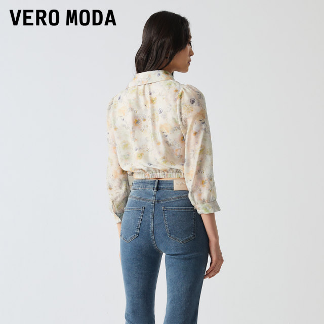 Vero Moda Outlet top for women spring and autumn new sweet age-reducing bow printed quarter-sleeved short shirt