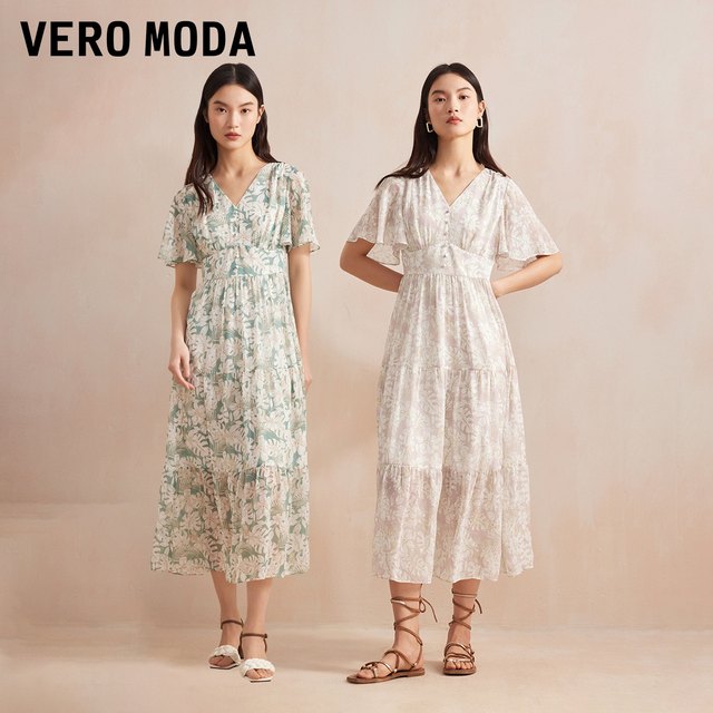 Vero Moda Outlet Dress Summer New V-neck Print Chiffon High-waisted Slim Temperament Vacation Style Short Sleeves