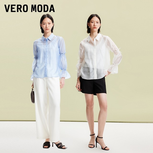 Vero Moda Outlet Shirt for Women's Summer New Sweet Elastic Bow Flat Sleeve Temperament Tops