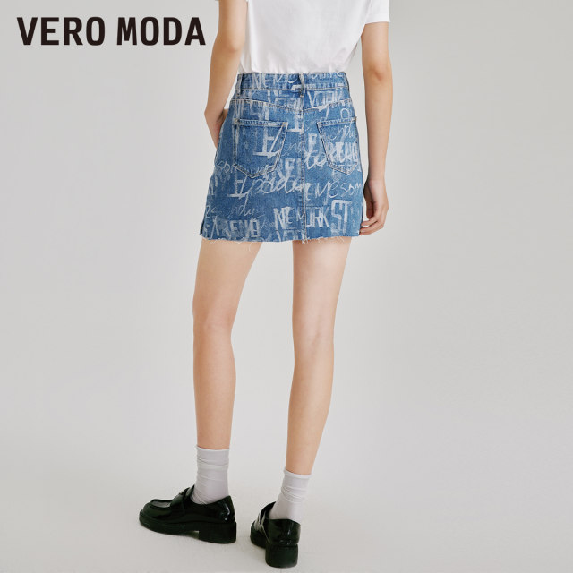 Vero Moda Outlet Skirt Summer New High Waist A-line Print Fur-edged Denim Short Skirt Casual and Fashion