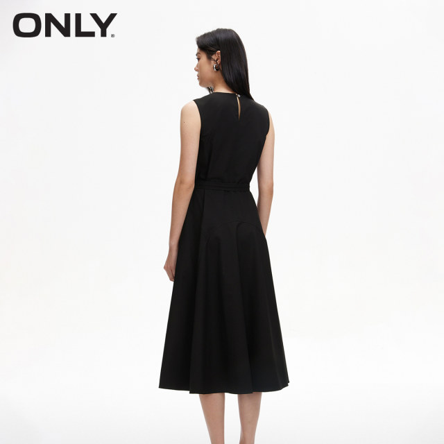 ONLY Summer Temperament Versatile Round Neck Mid-Length Solid Color A-line Dress for Women