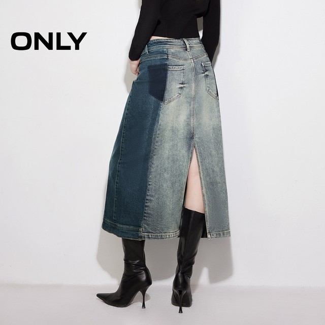 ONLY Summer Design Contrast Color Spliced ​​High Waist A-line Denim Skirt for Women