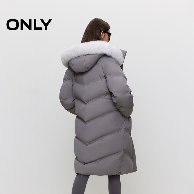 ONLY Outlet Winter 90 White Goosevelt Warm Fur Collar Loose Hooded Down Jacket for Women