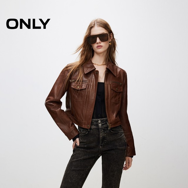 ONLY spring retro versatile slim sheep leather long-sleeved short leather jacket for women