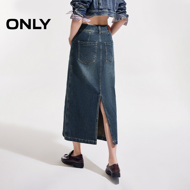 ONLY Outlet 2025 summer new fashion retro old cotton straight denim skirt for women
