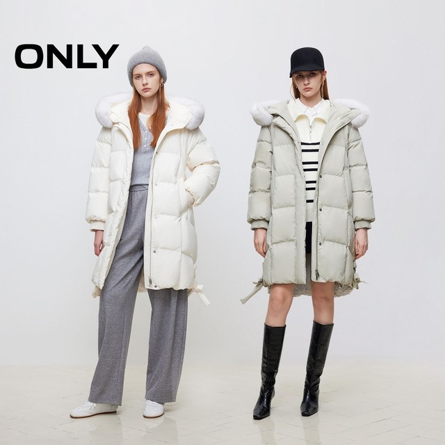 ONLY Outlet Winter 90 White Goosevelt Simple and Versatile Fur Collar Mid-Length Down Jacket for Women