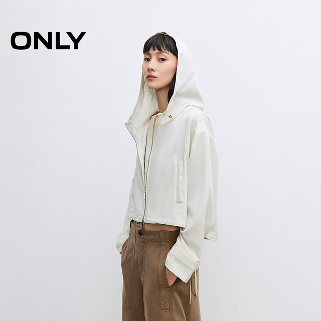 ONLY2025 summer new solid color hooded practical two-way zipper shoulder-off loose cardigan trench coat for women