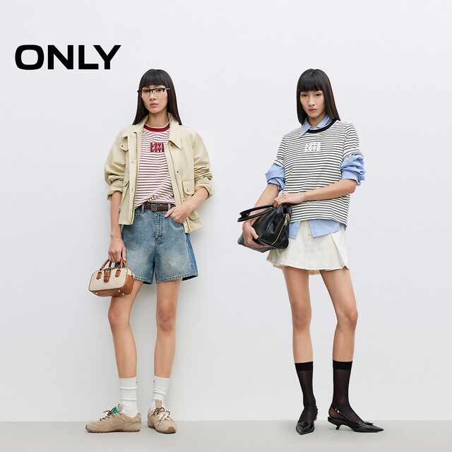 ONLY2025 summer new style chest letter LOGO design front shoulder double-layer round neck striped short-sleeved T-shirt for women