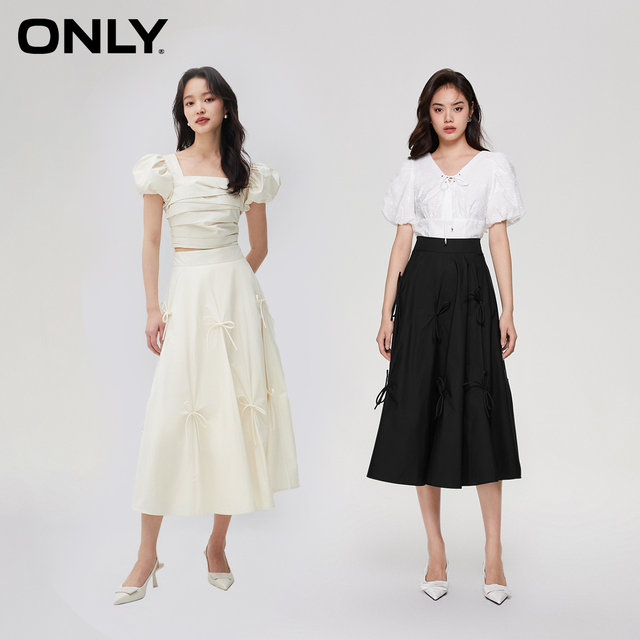 ONLY2025 summer new fairy style fashionable mid-length high-waisted slim A-line skirt bow skirt for women