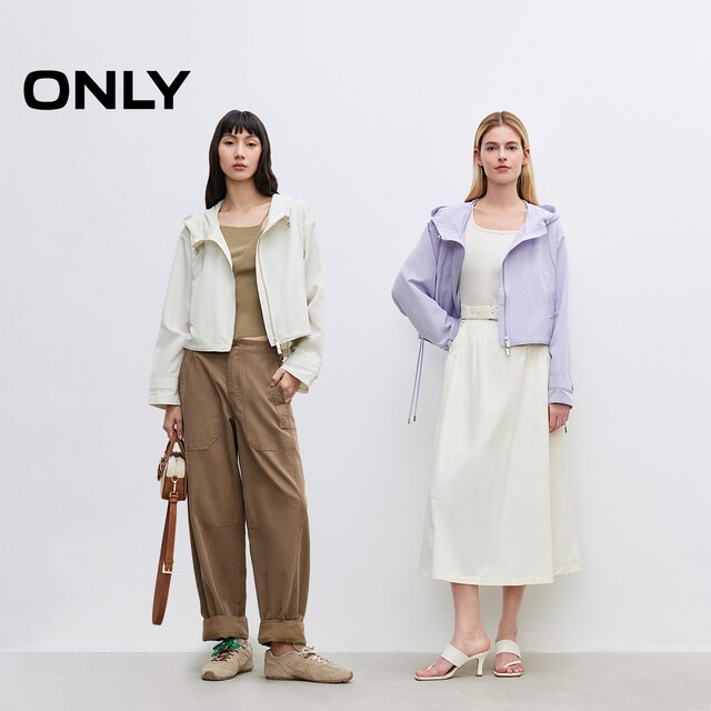 ONLY2025 summer new solid color hooded practical two-way zipper shoulder-off loose cardigan trench coat for women