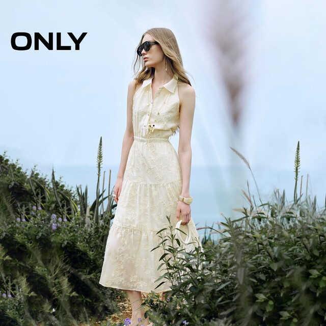 ONLY2025 summer new romantic style sleeveless off-shoulder neck lapel waist-hugging long skirt loose dress for women