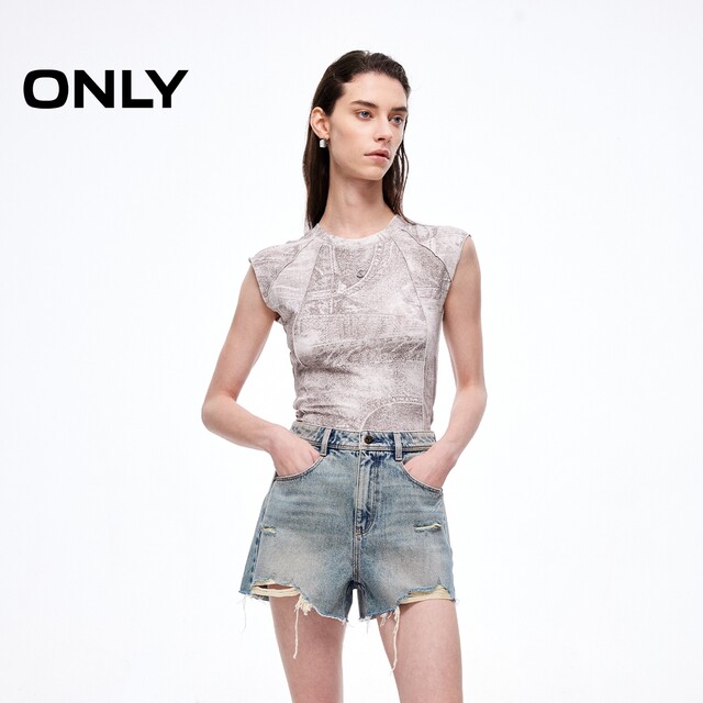 ONLY2025 summer new hot girl style irregular ripped burrs design high waist A-line shorts jeans for women