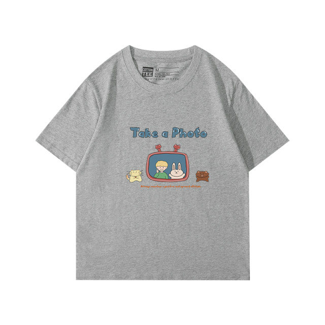 Cotton and Japanese cute cartoon gray, short -sleeved short -sleeved T -shirt female pure cotton loose summer small half -sleeve top
