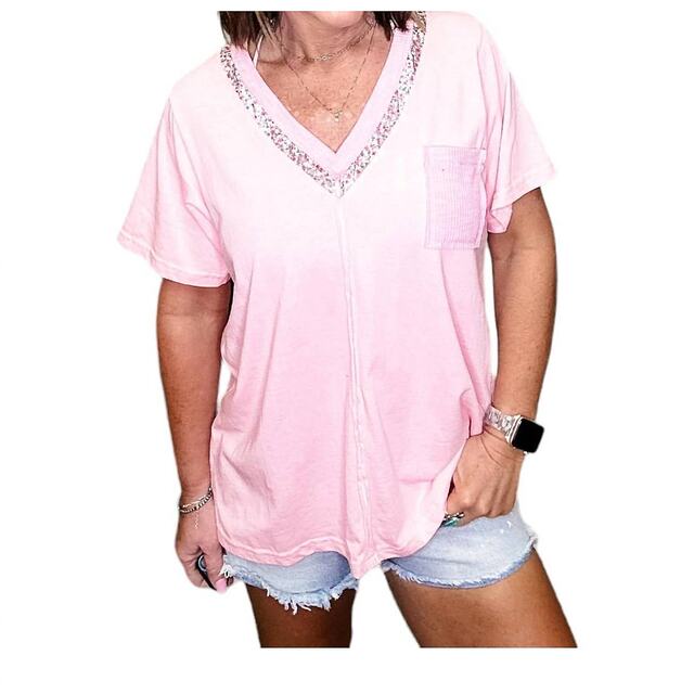 Self-operated pol pink pocket T-shirt - pink straight hair