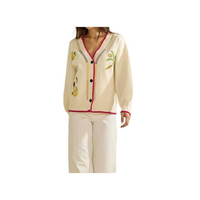 Self-operated able cream embroidered V-neck cardigan straight
