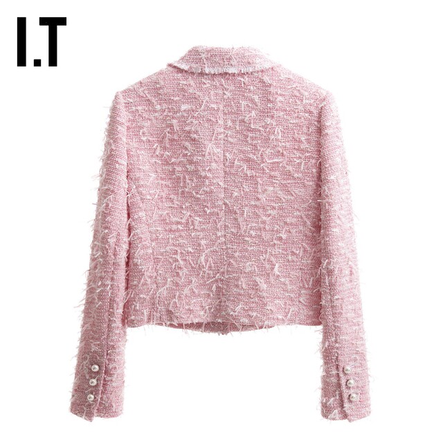 IT PortsPURE Women's Fit Tweed Jacket New Fashion Temperature Short Lapel Jacket J50122XO