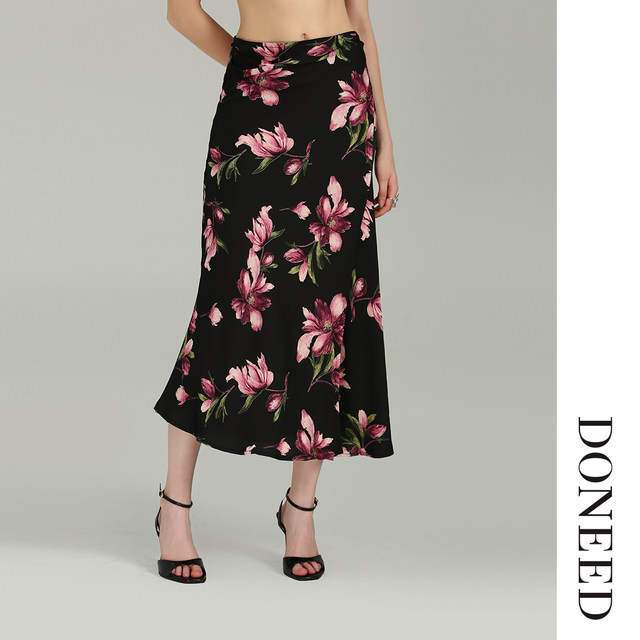 DONEEDDONEED2025 summer elegant temperament mid-length one-piece button printed irregular skirt for women