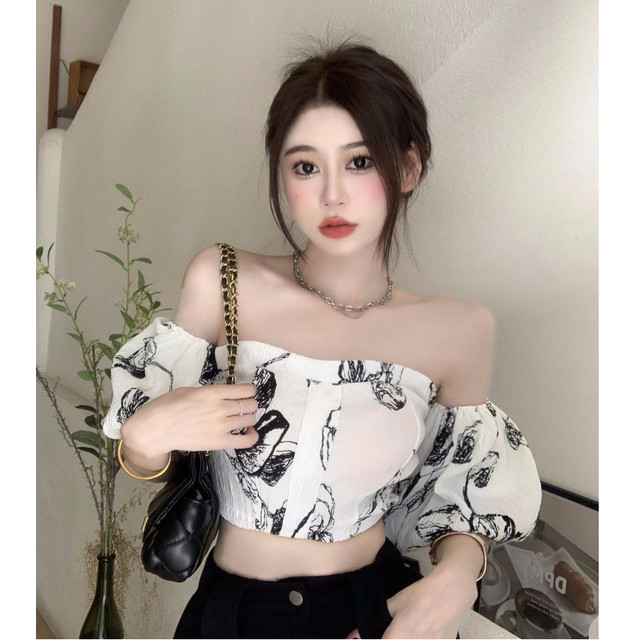Hong Kong style retro ink printing one-length shirt for women in summer puff sleeves short shirt chiffon short sleeve top trendy
