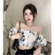 Hong Kong style retro ink printing one-length shirt for women in summer puff sleeves short shirt chiffon short sleeve top trendy
