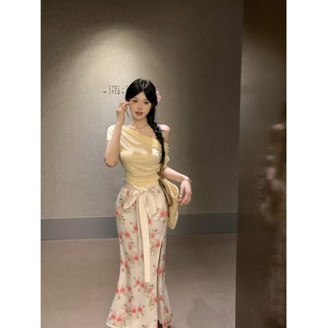 Satin lace-up bow vintage floral skirt women's summer long skirt high waist fishtail skirt swinging collar T-shirt suit
