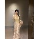 Satin lace-up bow vintage floral skirt women's summer long skirt high waist fishtail skirt swinging collar T-shirt suit
