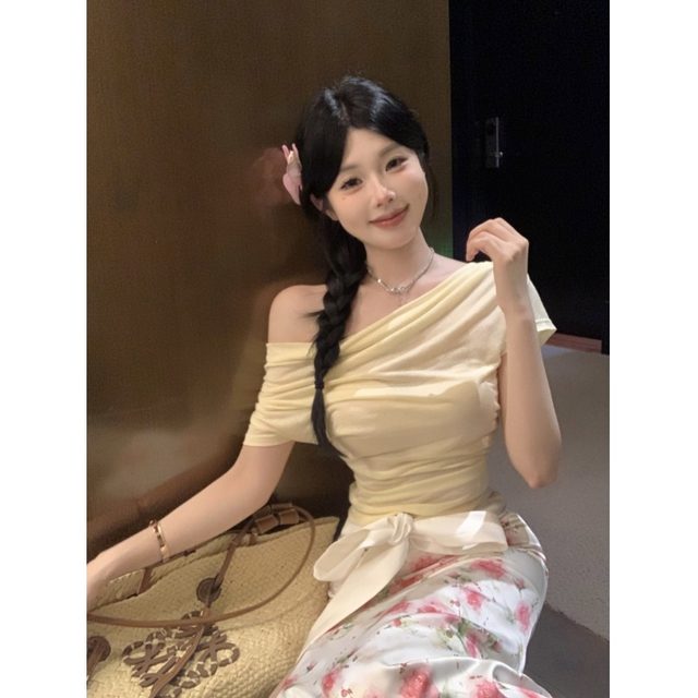 Satin lace-up bow vintage floral skirt women's summer long skirt high waist fishtail skirt swinging collar T-shirt suit
