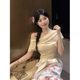 Satin lace-up bow vintage floral skirt women's summer long skirt high waist fishtail skirt swinging collar T-shirt suit

