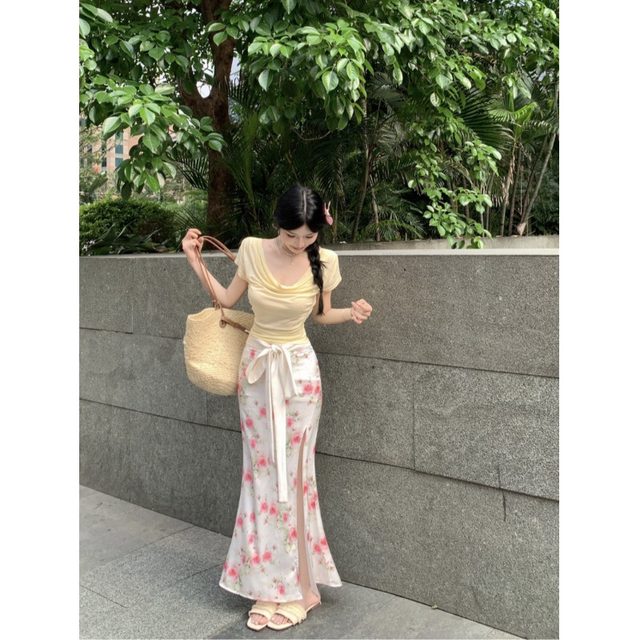 Satin lace-up bow vintage floral skirt women's summer long skirt high waist fishtail skirt swinging collar T-shirt suit
