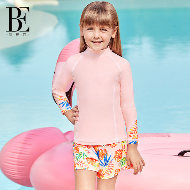 BE Van Dan Children's Swimming Swimsuit Boys Girl Printing Big Children Long -sleeved Sunscopping Fashion Sports Skin Swim