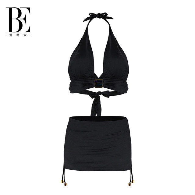BE Fan De'an Triangle Bikini Swimsuit Women's Ins Black Slim Fashion Split Skirt Resort Swimsuit