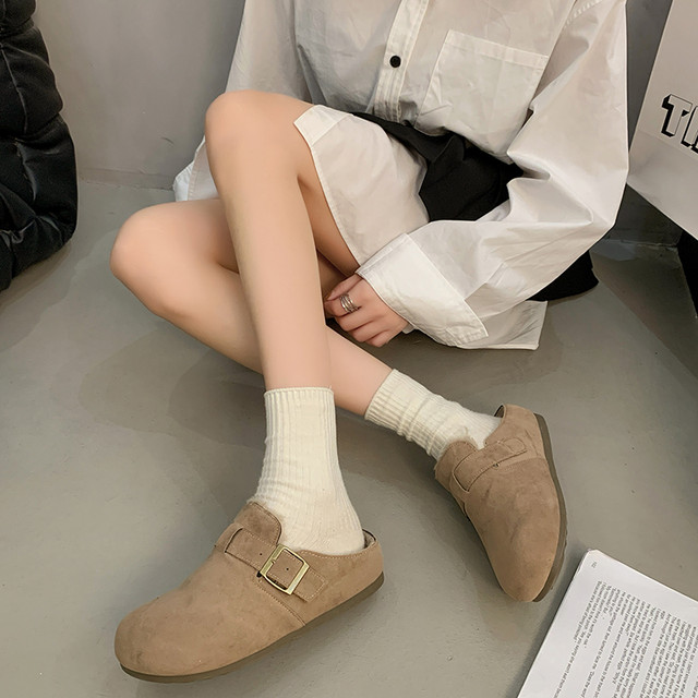 Baotou Birkenstock slippers for women, velvet outer wear, 2025 new winter warm cotton slippers, one-step pregnant women, half slippers, large size