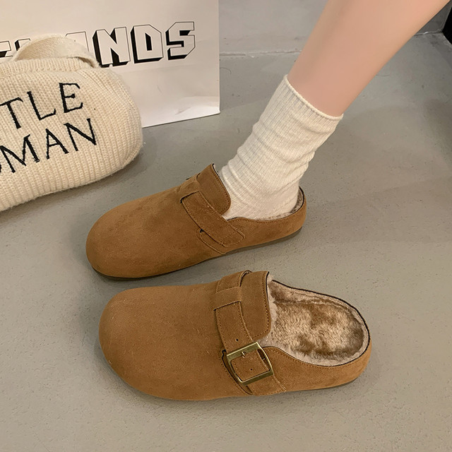 Baotou Birkenstock slippers for women, velvet outer wear, 2025 new winter warm cotton slippers, one-step pregnant women, half slippers, large size